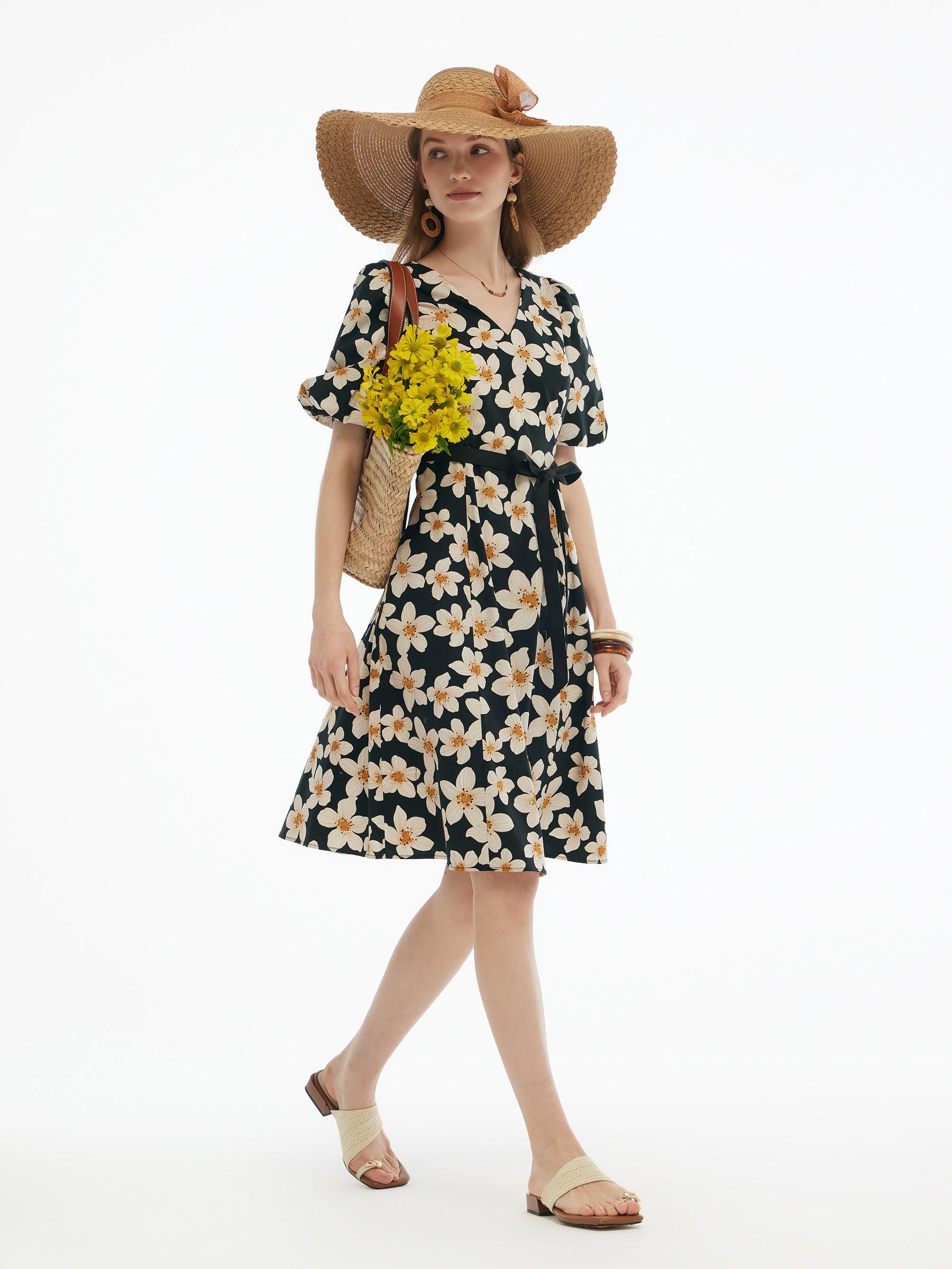 Cotton Stretch Floral Print Women Tie Belt Midi Dress Product Image