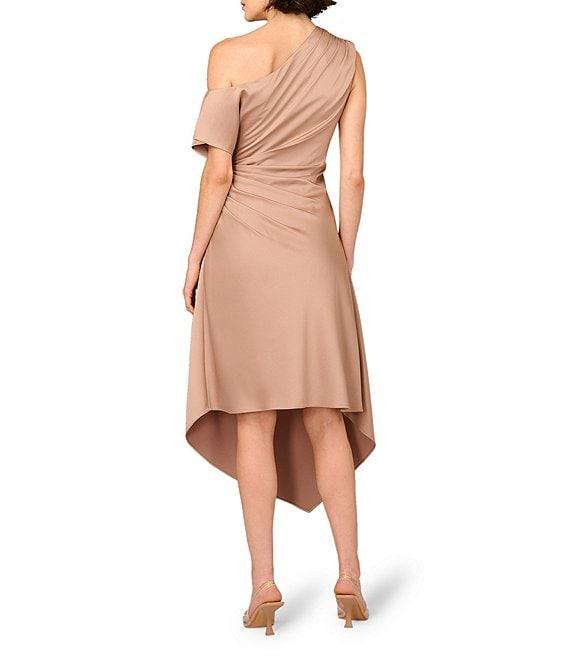 Aidan Mattox Crepe Back Satin One-Shoulder Neck Short Sleeve Pleated Asymmetrical Midi Dress Product Image