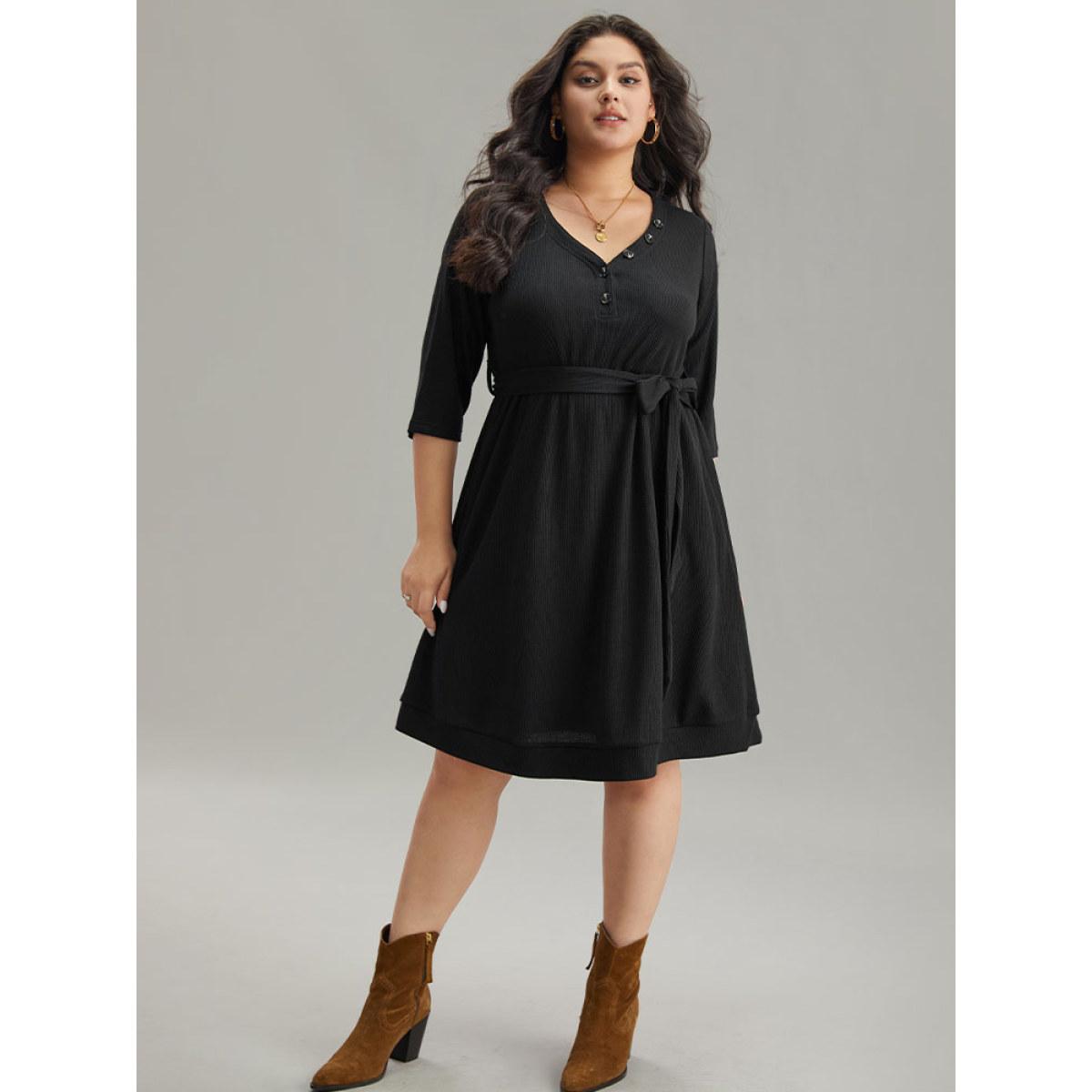 Plus Size Waffle Knit Button Detail Belted Dress Black Women Casual Plain V-neck Elbow-length sleeve Curvy Midi Dress BloomChic 26/4X Product Image