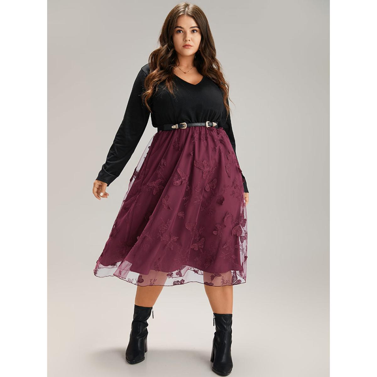 Plus Size Butterfly Graphic Patchwork Mesh Dress Burgundy Women Glamour See through V-neck Long Sleeve Curvy Midi Dress BloomChic 26/4X Product Image
