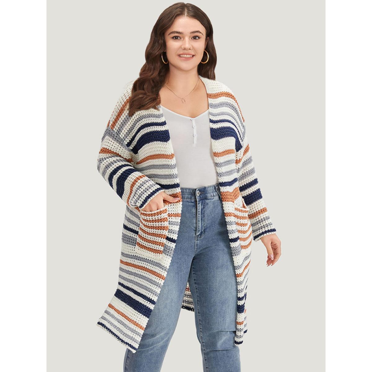 Plus Size Contrast Striped Patched Pocket Split Side Cardigan Multicolor Women Casual Loose Long Sleeve Dailywear Cardigans BloomChic 12/L Product Image