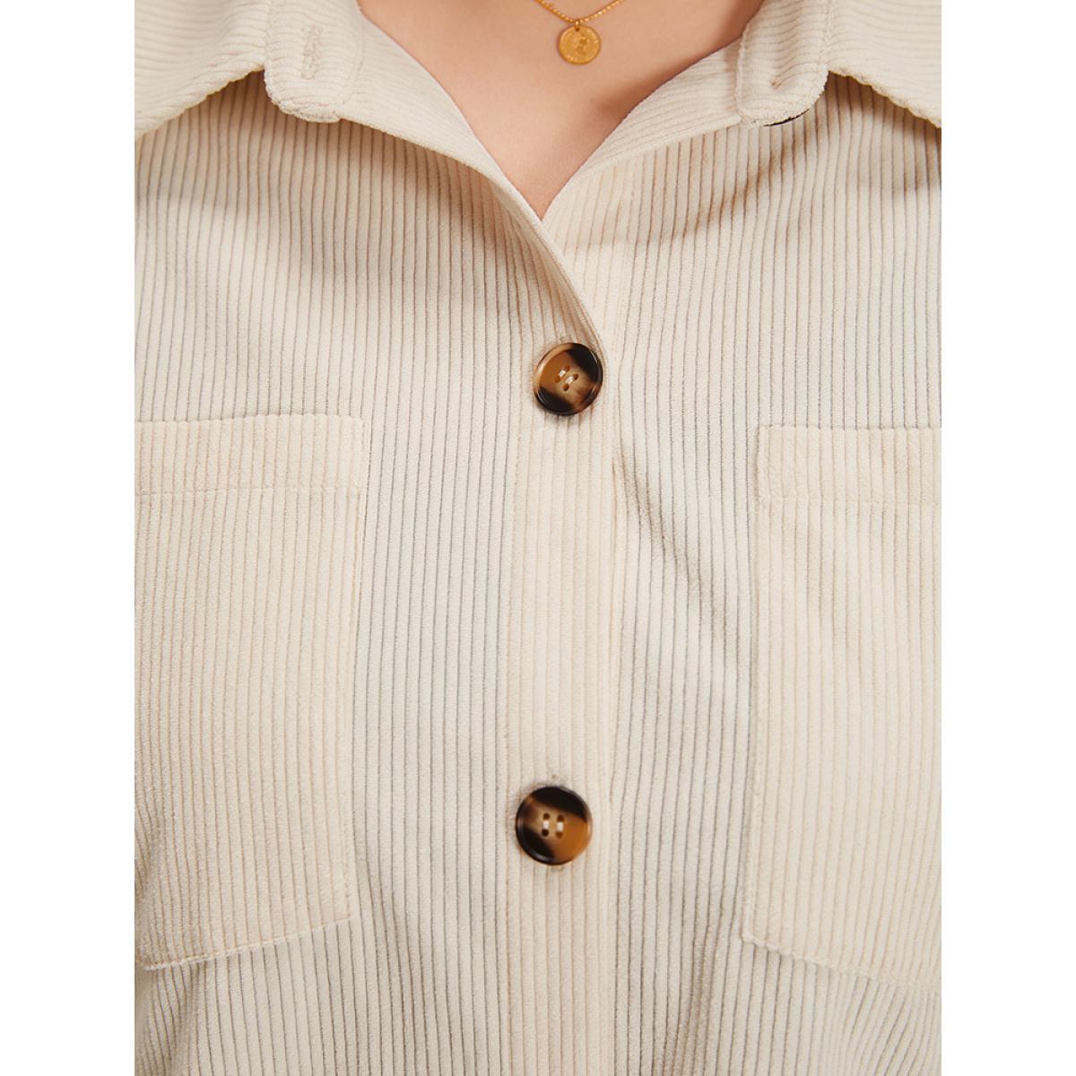 Plus Size Plain Shirt Collar Button Through Ruffle Hem Pocket Coat Women Beige Button Pocket Dailywear Jackets BloomChic 28/5X Product Image