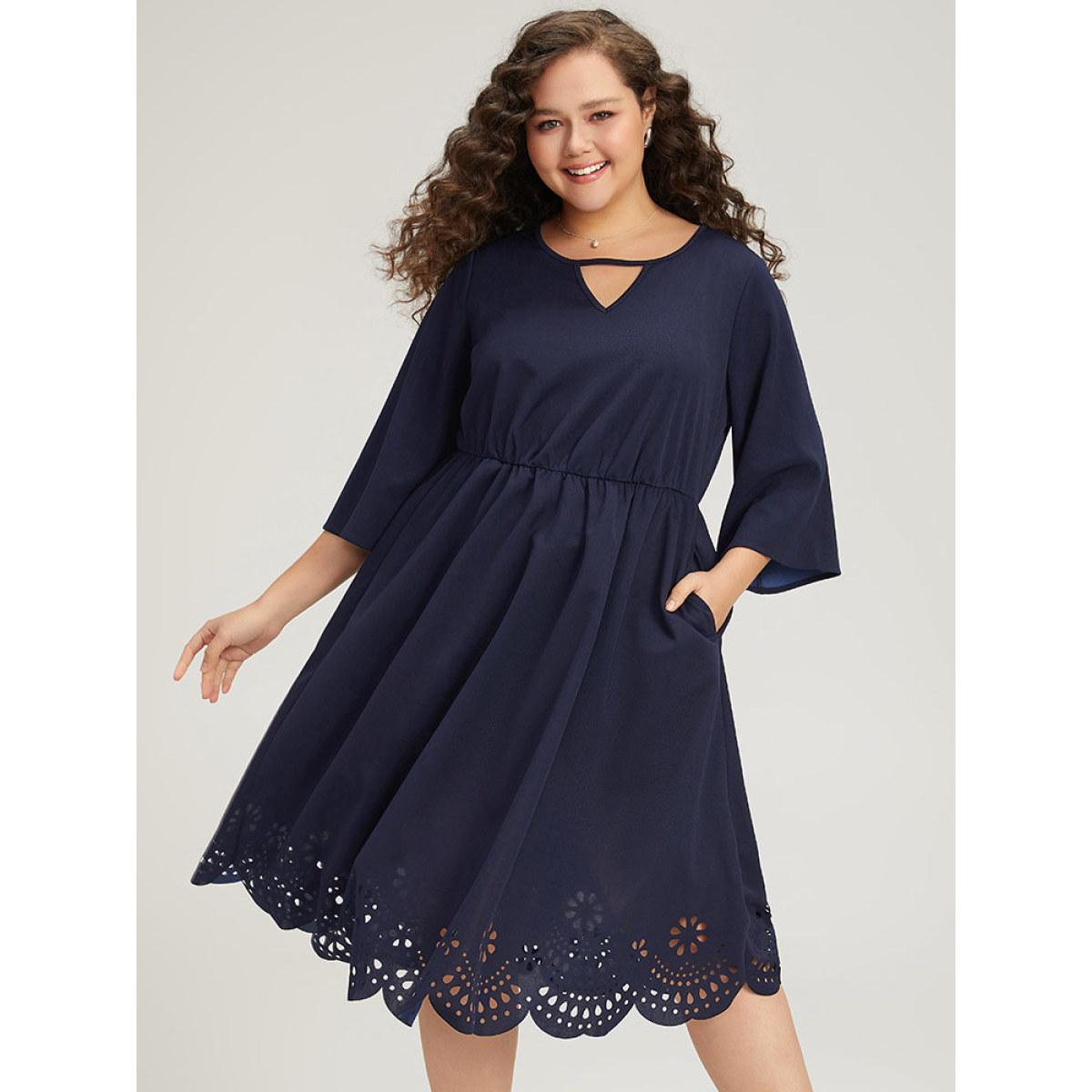 Plus Size Plain Keyhole Pocket Laser Cut Dress Navy Women Office Plain Notched collar Elbow-length sleeve Curvy Midi Dress BloomChic 28/5X Product Image
