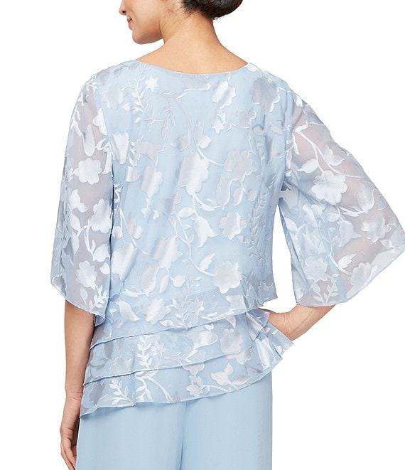 Alex Evenings Petite Size 3/4 Illusion Sleeve Crew Neck Asymmetrical Triple Tier Hem Printed Chiffon Blouse Product Image