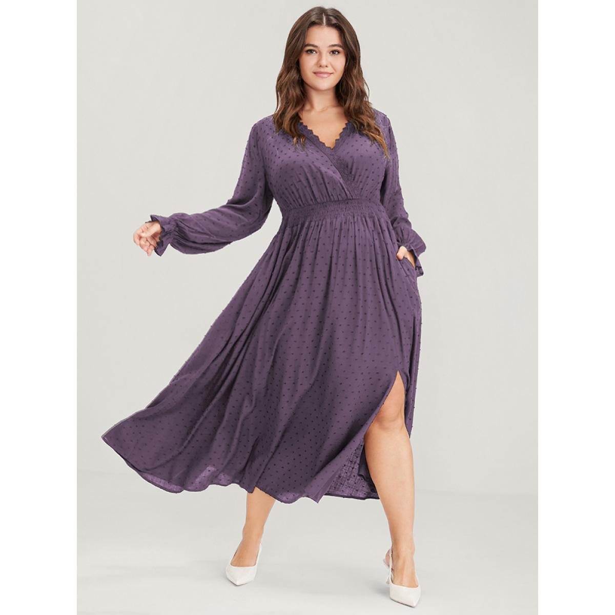 Plus Size Polka Dot Pocket Lantern Sleeve Lace Trim Shirred Dress Mauve Women Elegant Cross straps V-neck Long Sleeve Curvy Long Dress BloomChic 18-20/2X Product Image