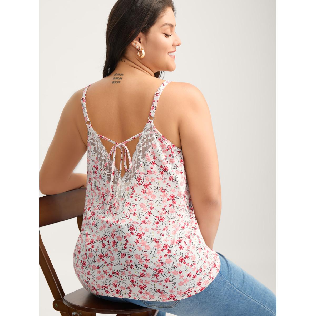 Plus Size Floral Stretchy Backless Tie Tank Top Women WhiteSmoke Woven ribbon&lace trim V-neck Everyday-Casual Tank Tops Camis BloomChic 14-16/1X Product Image