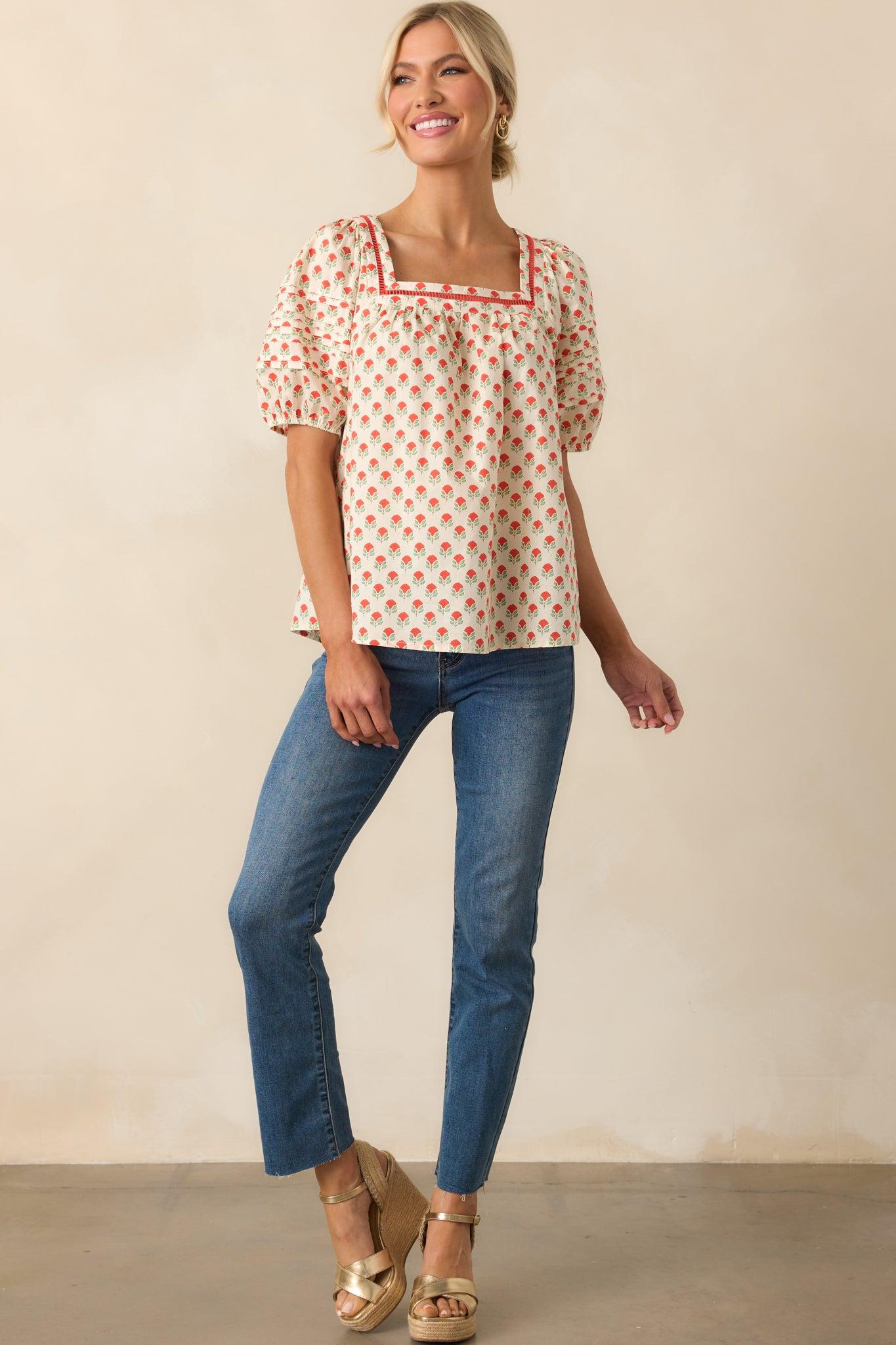 Right Where You Are Red Floral Cotton Puff Sleeve Top Product Image