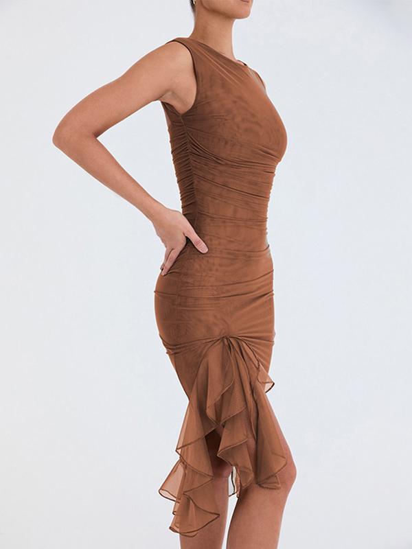 Solid Sleeveless Ruffled Hem Ruched Midi Dress Product Image