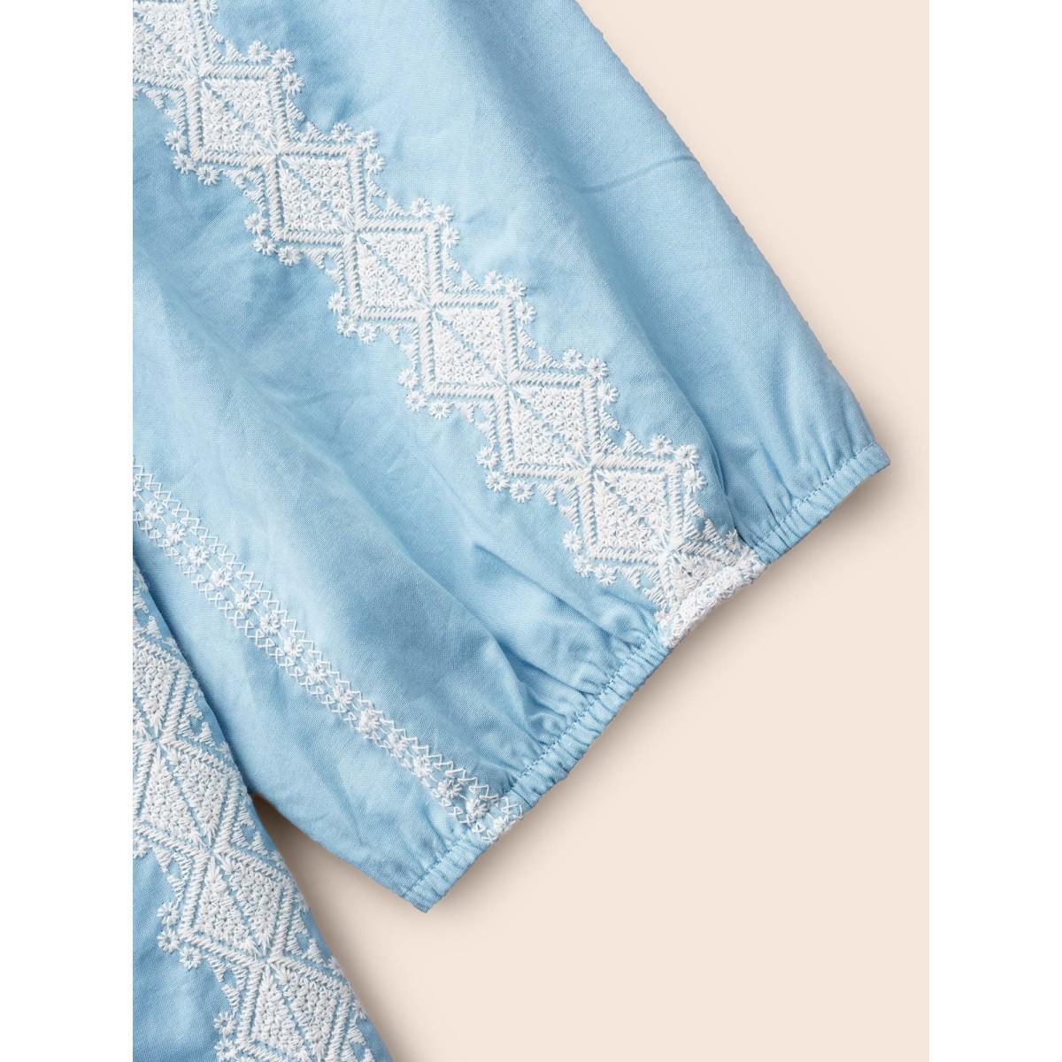 Plus Size LightBlue Striped Notched Embroidered Button Detail Blouse Women Resort Elbow-length sleeve Notched collar Vacation Blouses BloomChic 10/M Product Image