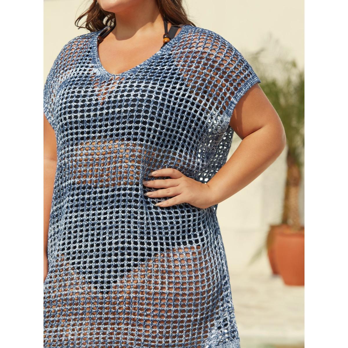 Plus Size Color Contrast Cut-Out Swim Cover-Up Women's Swimwear Indigo Beach Loose Texture Curve Swim Cover Ups BloomChic 18-20/2X Product Image