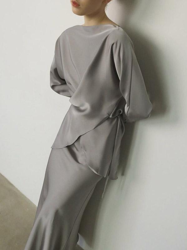Loose Solid Color Split-Joint Boat Neck Long Sleeves Blouse & Shirt + Skirt Two Pieces Set Product Image