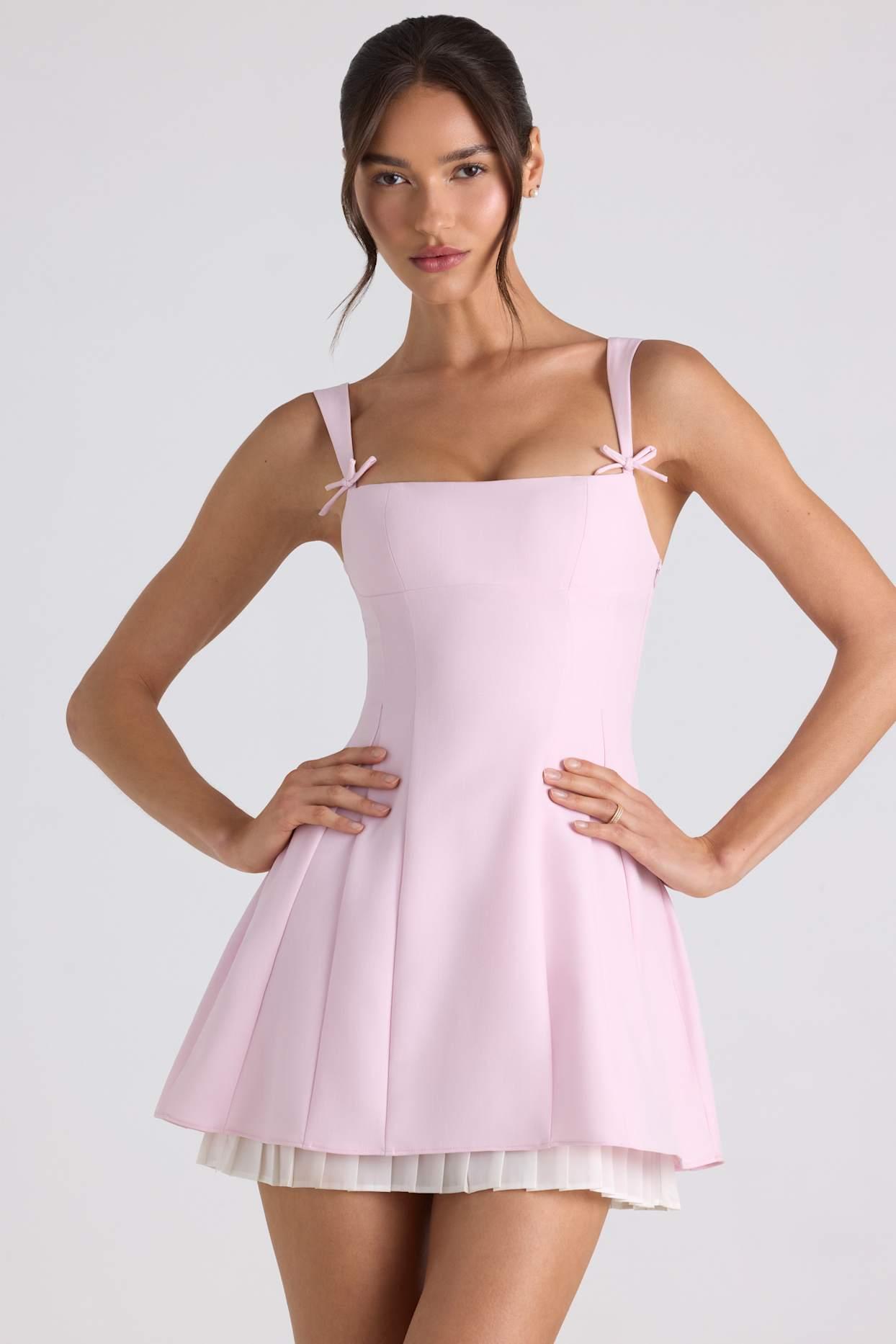 Bow-Detail Pleated A-Line Mini Dress in Soft Pink Product Image