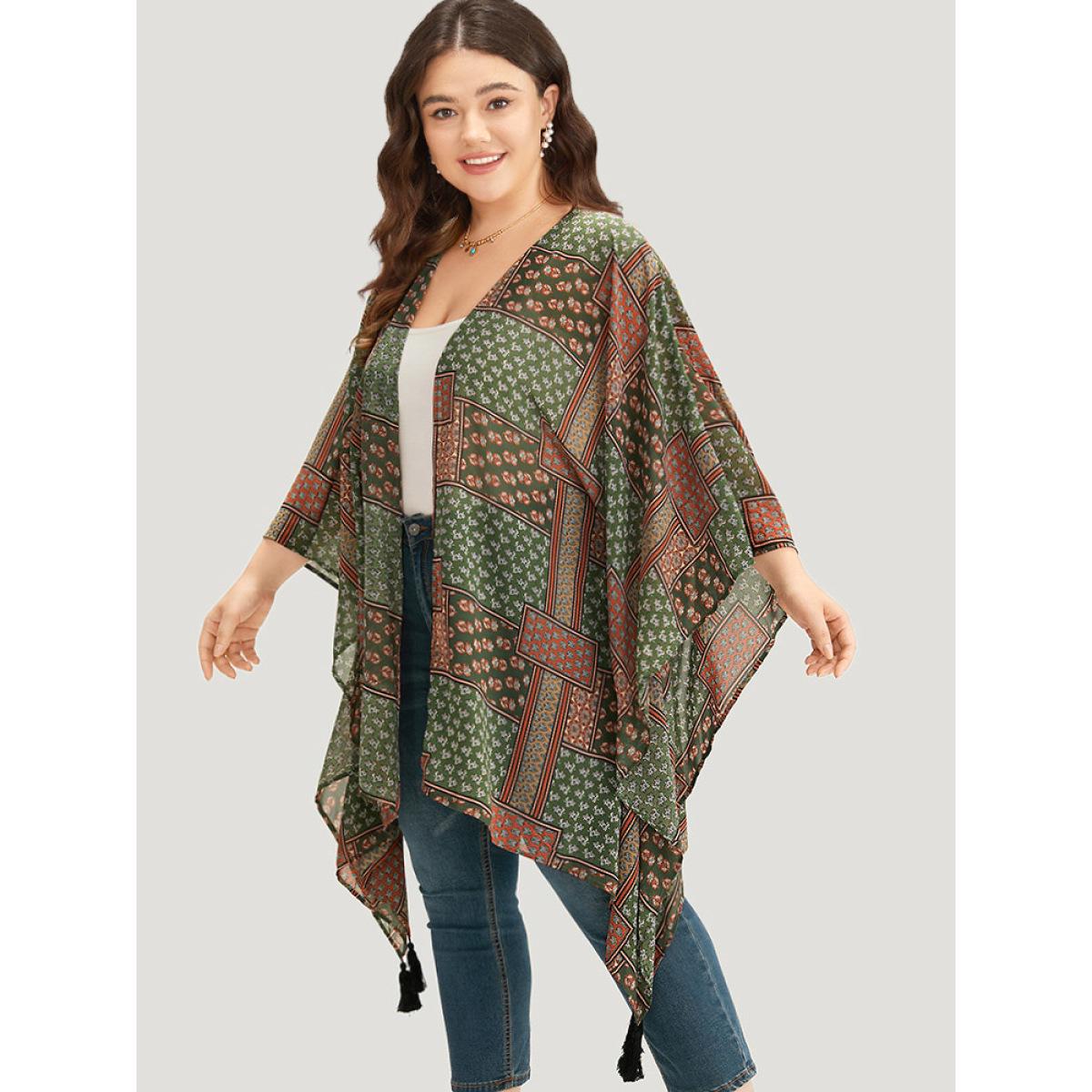 Plus Size Bandana Print Tassels Trim Asymmetrical Hem Kimono Women Moss Casual Drape Loose Dailywear Kimonos BloomChic 26/4X Product Image