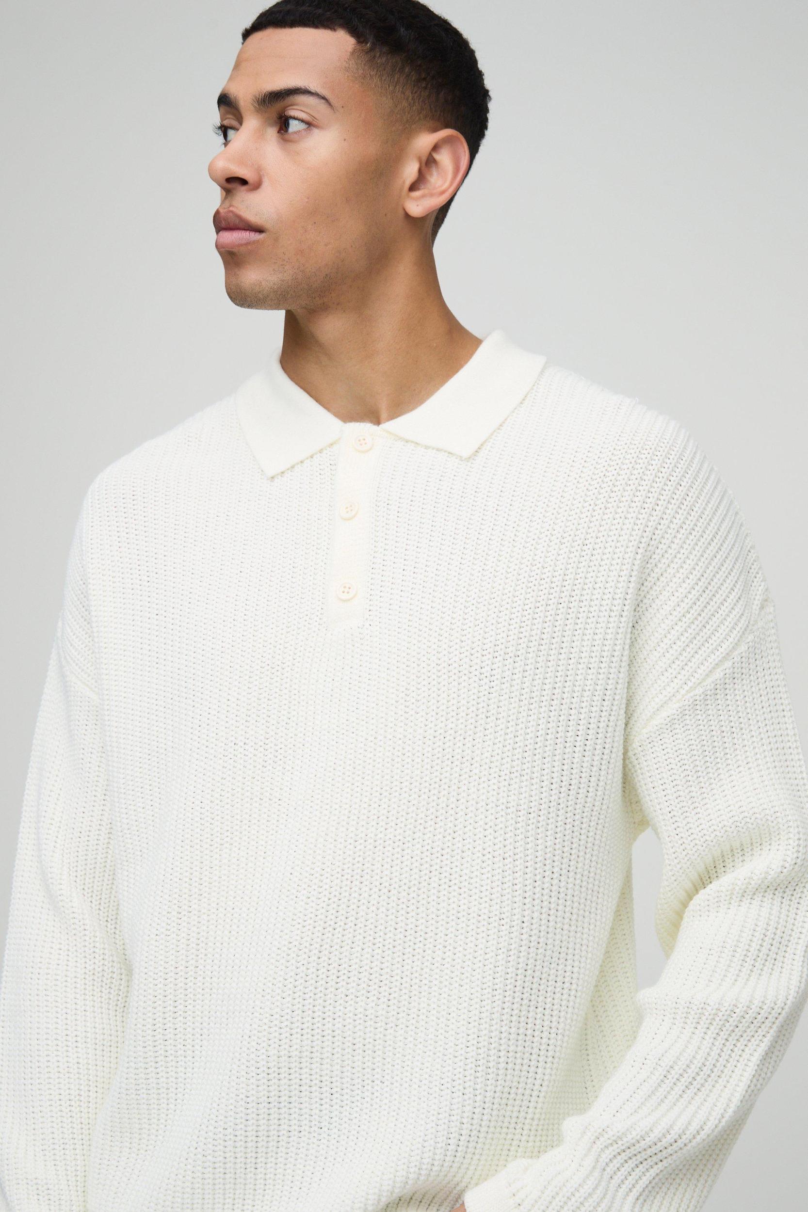 Oversized Boxy Chunky Knitted Polo Sweater | boohooMAN USA Product Image