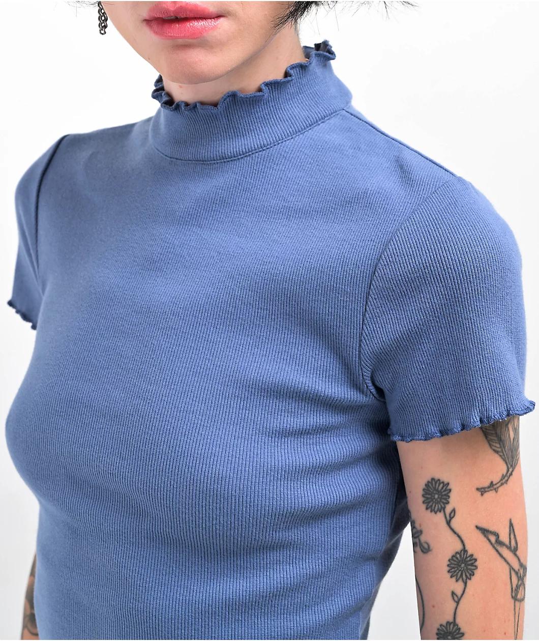 Zine Carla Blue Mock Neck Crop T-Shirt Product Image