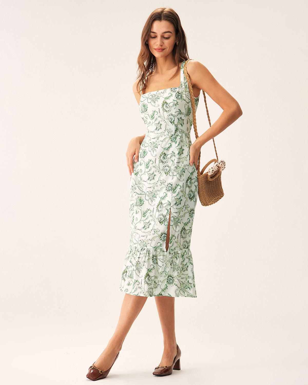 Green Floral Square Neck Midi Dress Product Image