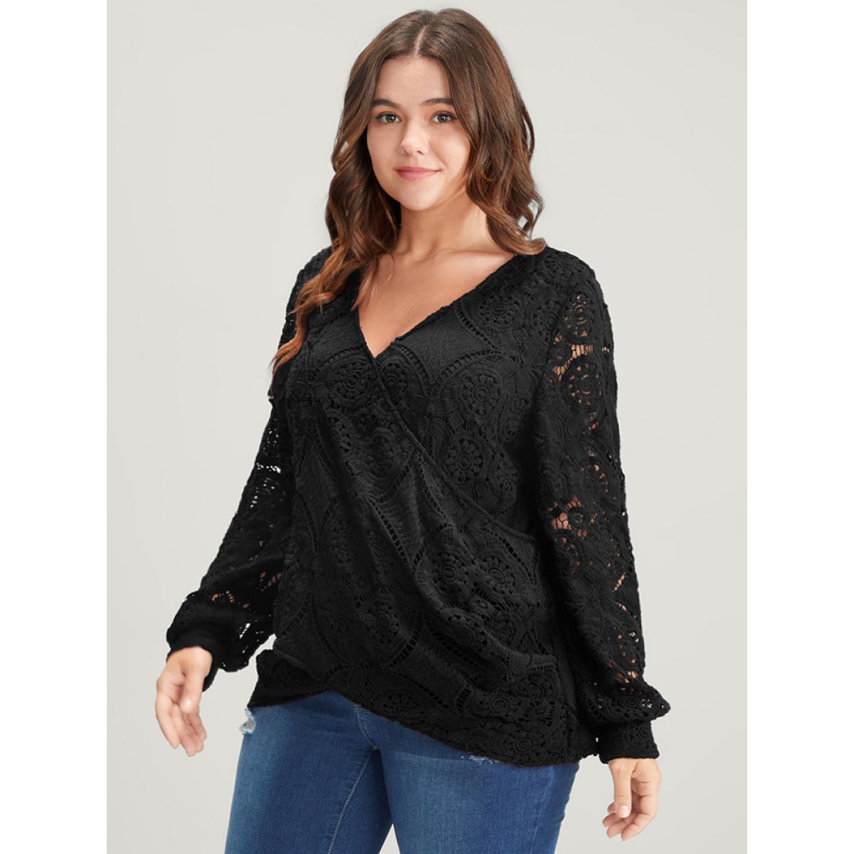 Plus Size Black Solid Crossover Hem Lace Blouse Women Glamour Long Sleeve V-neck Going out Blouses BloomChic 14-16/1X Product Image