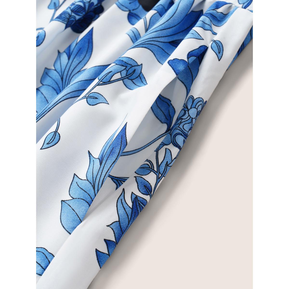 Plus Size Floral Pocket Shirred Elastic Waist Dress White Women Elegant Non V-neck Short sleeve Curvy Midi Dress BloomChic 18-20/2X Product Image