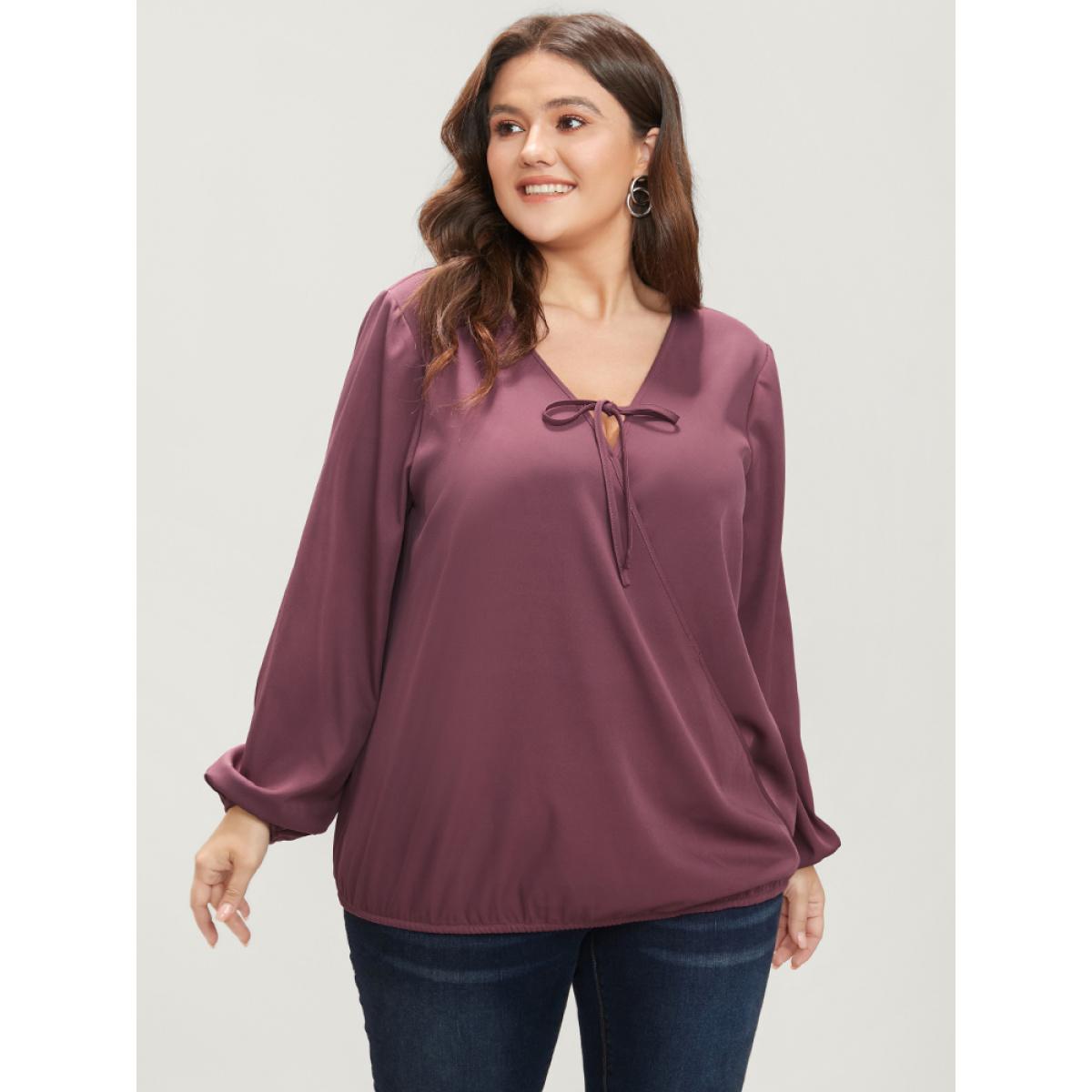 Plus Size Scarlet Solid Lantern Sleeve Tie Neck Wrap Blouse Women Elegant Long Sleeve V-neck Dailywear Blouses BloomChic 30/6X Product Image