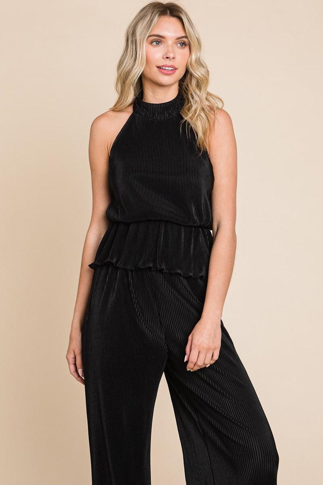 Pleated Backless Halter Tank & Wide Leg Pants Sets Product Image
