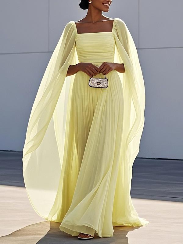 Cape Gauze Pleated Split-Joint Square-Neck Evening Dresses Maxi Dresses Product Image