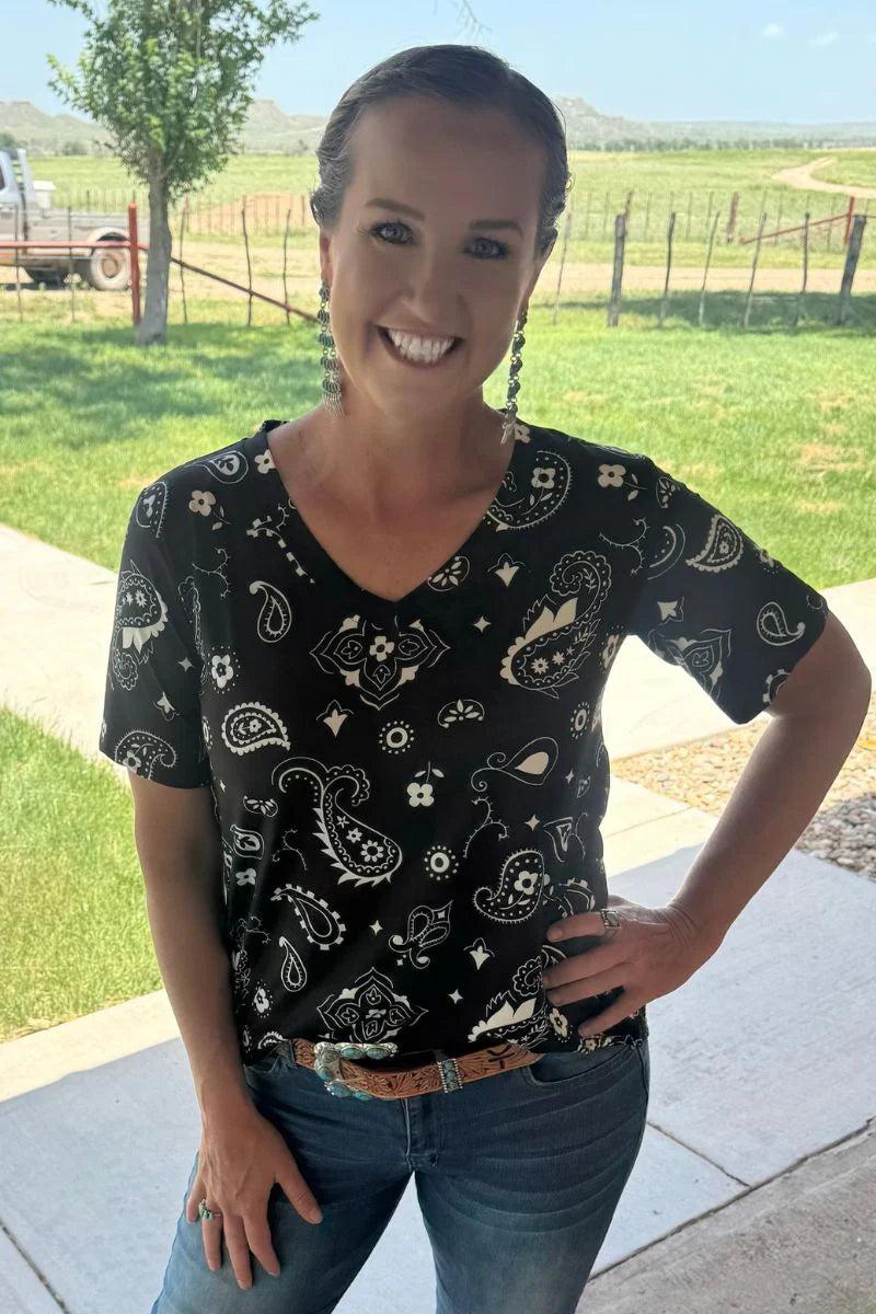 Sterling Kreek Black Bandana Babe V Neck Top Product Image