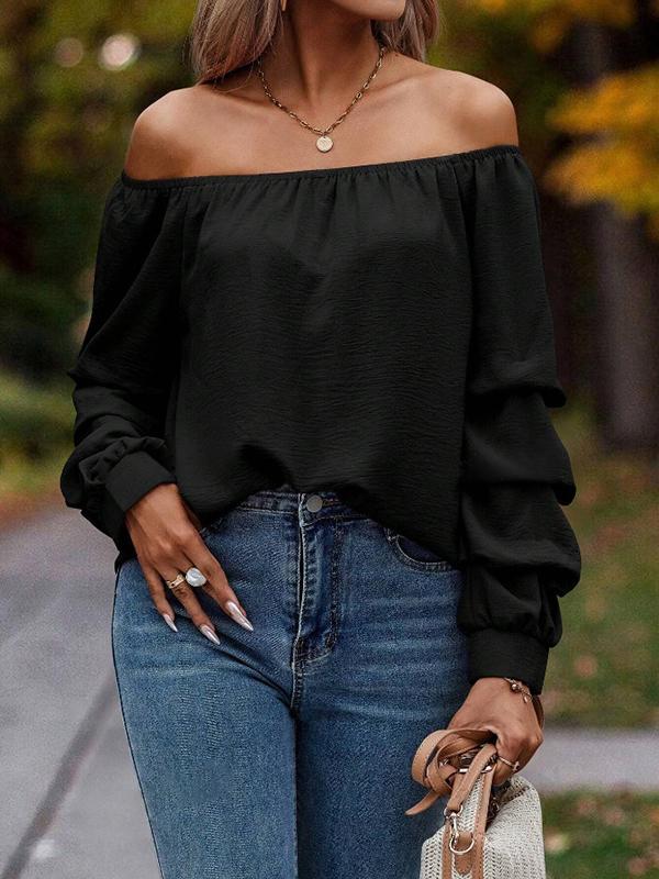 Long Sleeves Loose Elasticity Pleated Solid Color Off-The-Shoulder Blouses&Shirts Tops Product Image