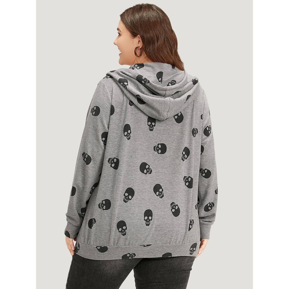 Plus Size Halloween Skull Print Pocket Zipper Hooded Sweatshirt Women Gray Casual Elastic cuffs Hooded Festival-Halloween Sweatshirts BloomChic 26/4X Product Image