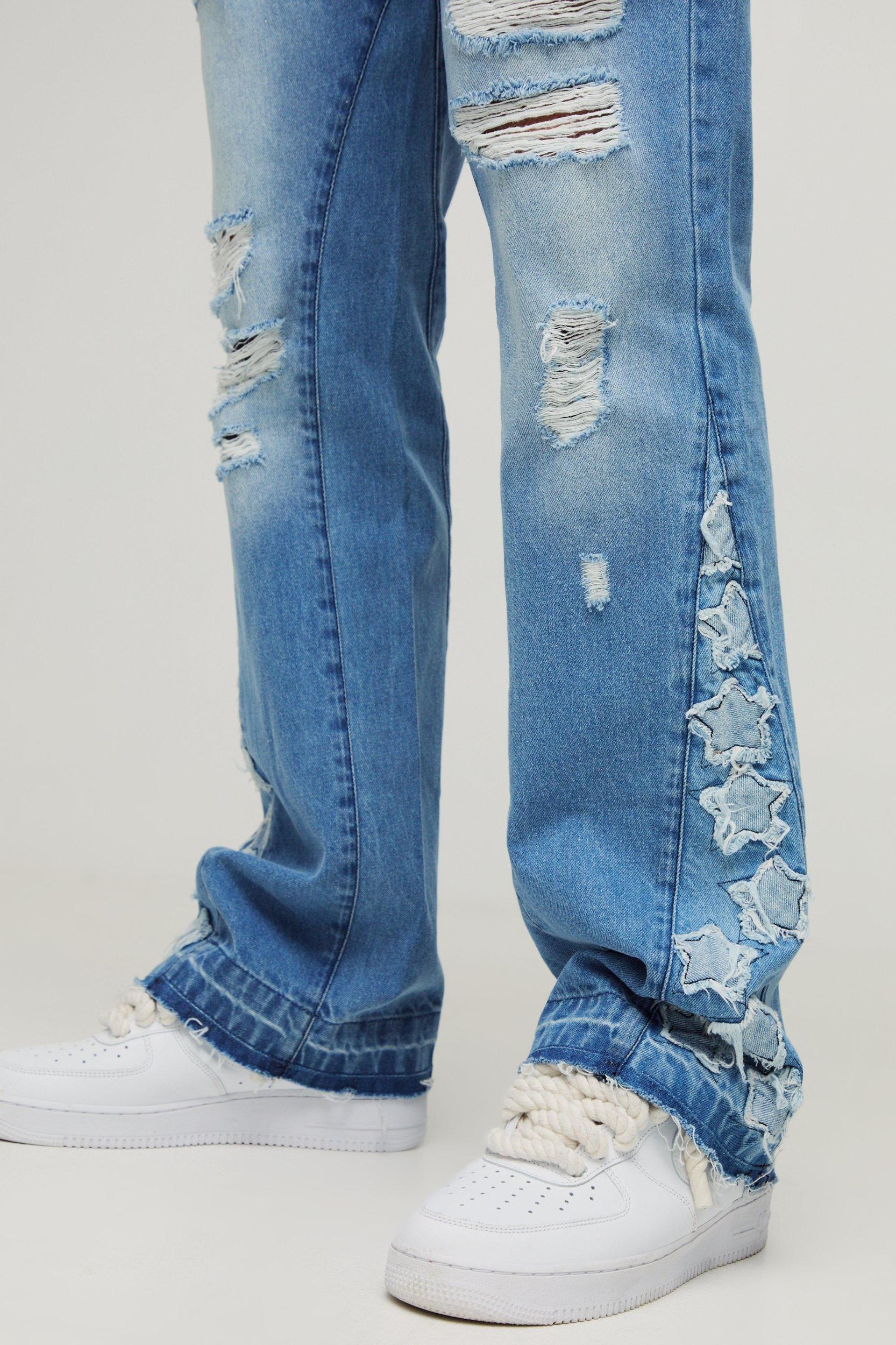 Tall Star Applique Gusset Distressed Flared Jeans | boohooMAN USA Product Image