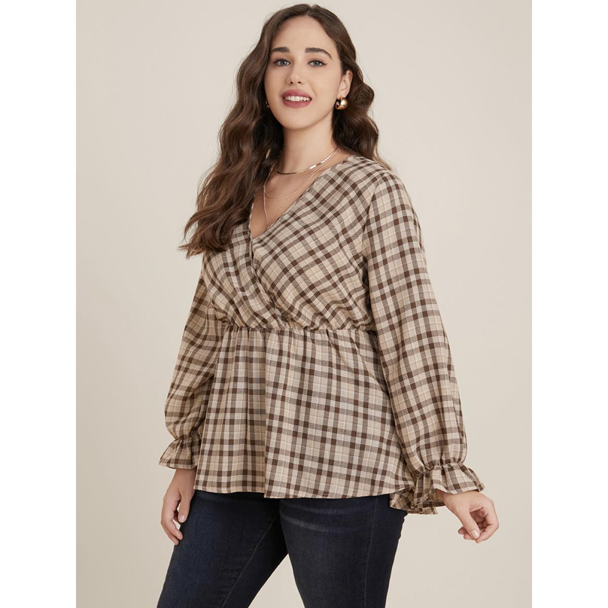 Plus Size LightBrown Plaid Lantern Sleeve Surplice Neck Blouse Women Elegant Long Sleeve V-neck Dailywear Blouses BloomChic 10/M Product Image
