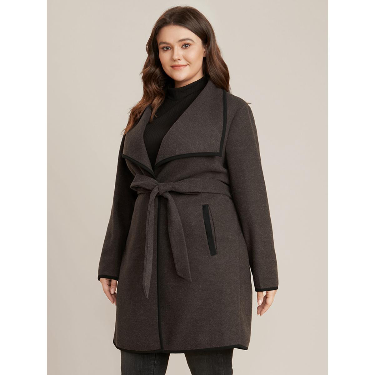 Plus Size Contrast Trim Pocket Belted Lapel Collar Coat Women DarkBrown Office Belted Ladies Work Winter Coats BloomChic 28/5X Product Image