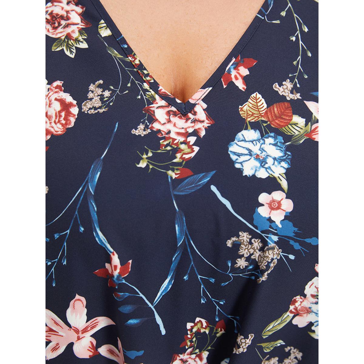 Plus Size Indigo Floral Print V Neck Ruffle Sleeve Twist Hem Blouse Women Elegant Half Sleeve V-neck Dailywear Blouses BloomChic 28/5X Product Image