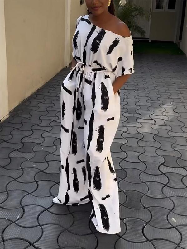 Half Sleeves Loose Printed Striped Tied Waist One-Shoulder Jumpsuits Product Image