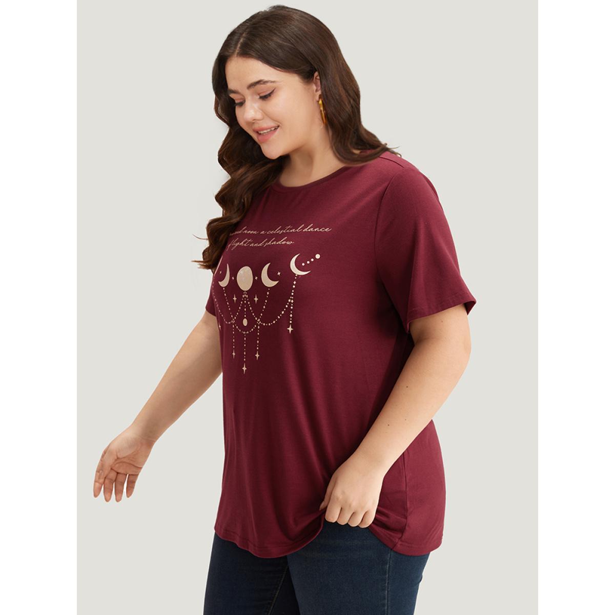 Plus Size Moon & Star Print Round Neck T-shirt Burgundy Women Casual Printed Star and moon Dailywear T-shirts BloomChic 12/L Product Image