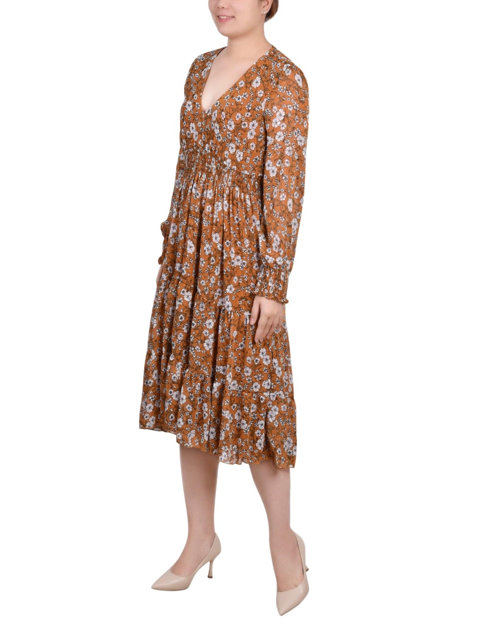 Mustard Floral Long Sleeve Clip Dot Chiffon Dress With Smocked Waist and Cuffs Product Image