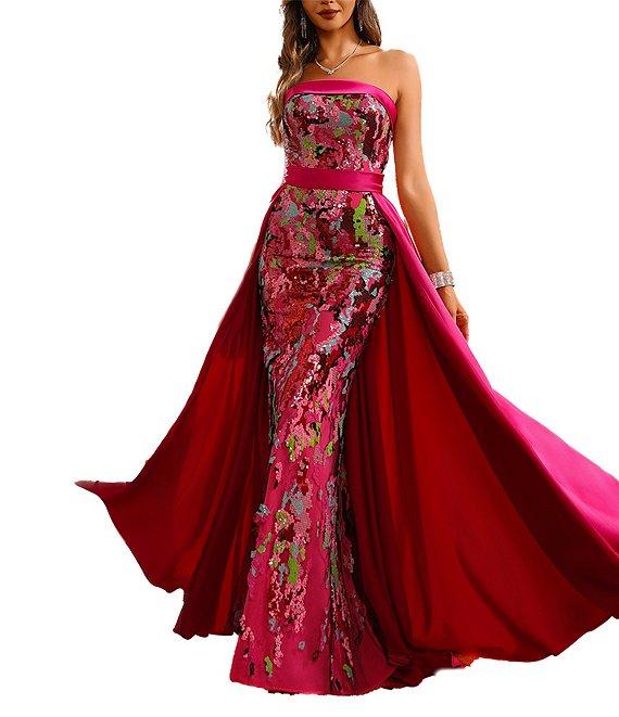 Terani Couture Strapless Sequin Mikado Column Gown With Overlay Skirt Product Image
