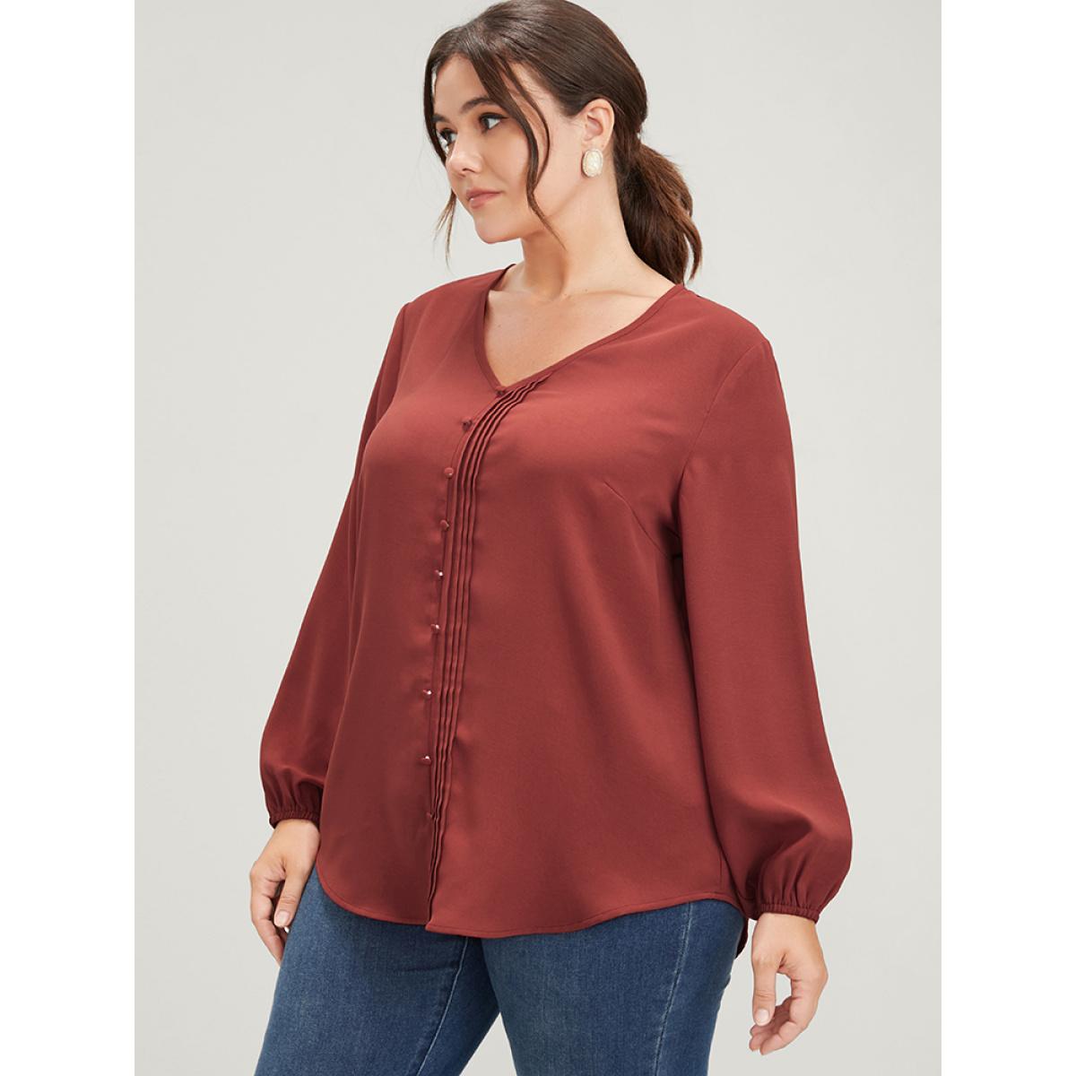 Plus Size Russet Solid Pleated Lantern Sleeve Btton Front Blouse Women Office Long Sleeve V-neck Work Blouses BloomChic 12/L Product Image