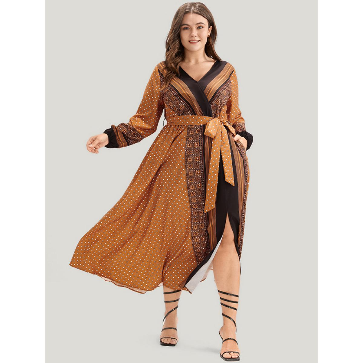 Plus Size Geometric Split Pocket Belted Wrap Lantern Sleeve Dress Bronze Women Vacation Belted V-neck Long Sleeve Curvy Midi Dress BloomChic 22-24/3X Product Image