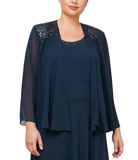 Ignite Evenings Plus Size Scoop Neck Long Sleeve Sequin Shoulder Midi Tiered Hem Jacket Dress Product Image