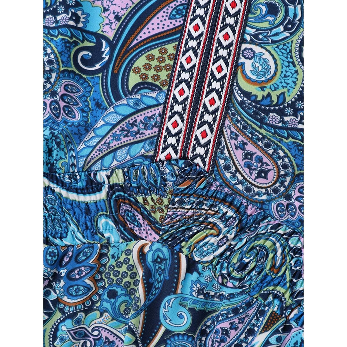 Plus Size Paisley Print Stretchy Waist Pockets Midi Dress Navy Women Resort Woven ribbon&lace trim V-neck Short sleeve Curvy BloomChic 18-20/2X Product Image