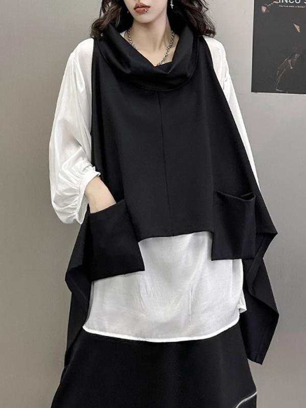 High-Low Irregular Clipping Hooded Solid Color Heaps Collar Vest Top Product Image