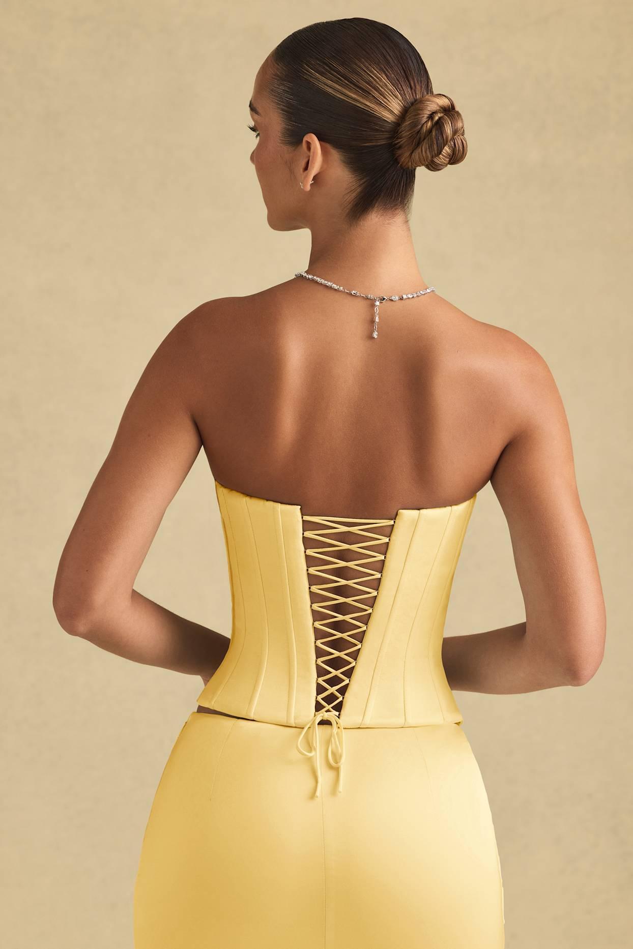 Full-Length Lace-Up Corset Top in Pastel Yellow Product Image