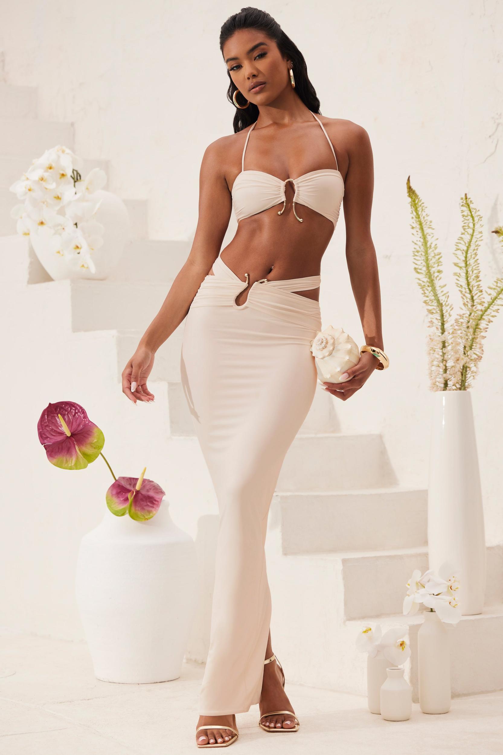Ruched Waist Hardware Detail Maxi Skirt in Ivory Product Image