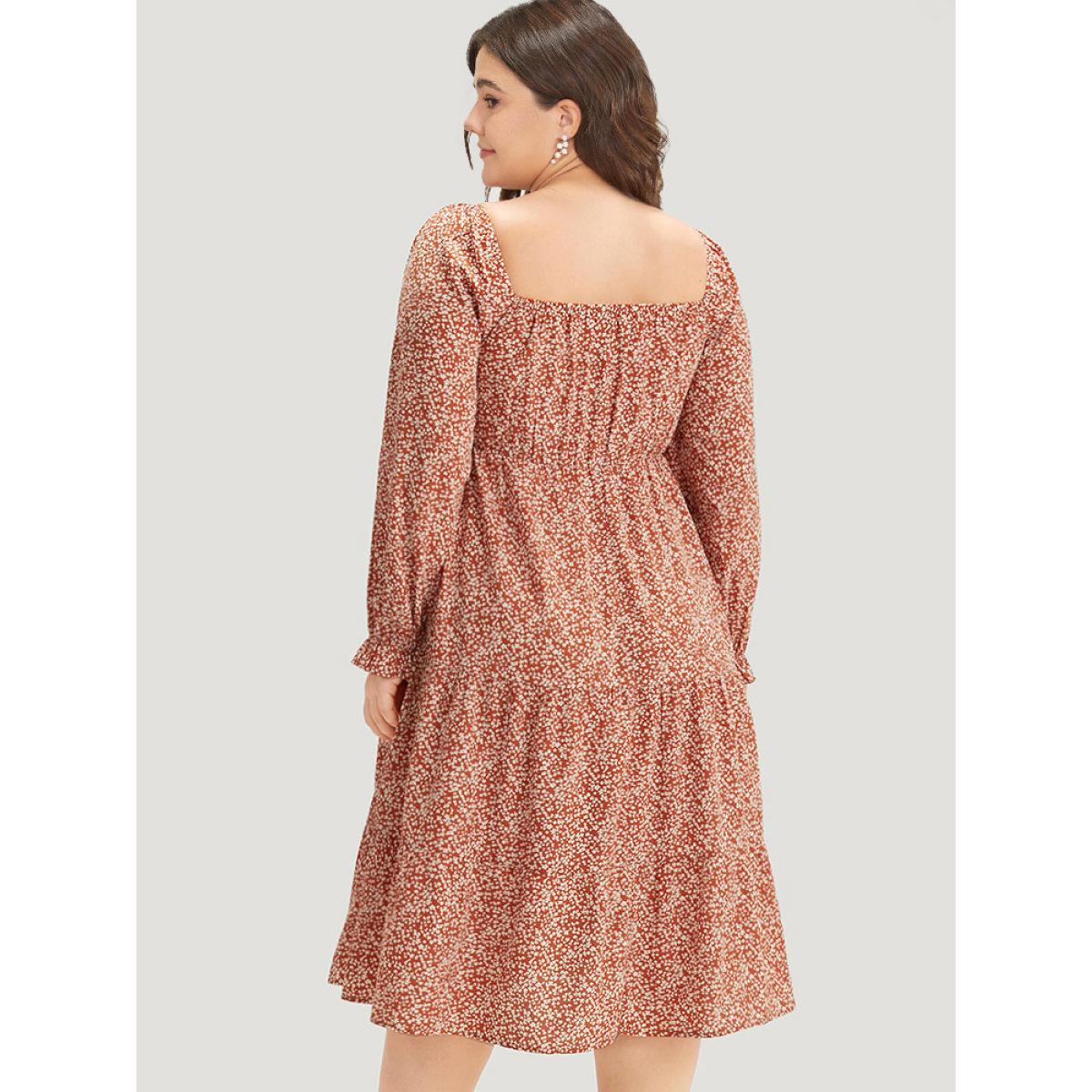 Plus Size Ditsy Floral Pocket Shirred Ties Dress Rust Women Elegant Elastic cuffs Square Neck Long Sleeve Curvy Midi Dress BloomChic 26/4X Product Image