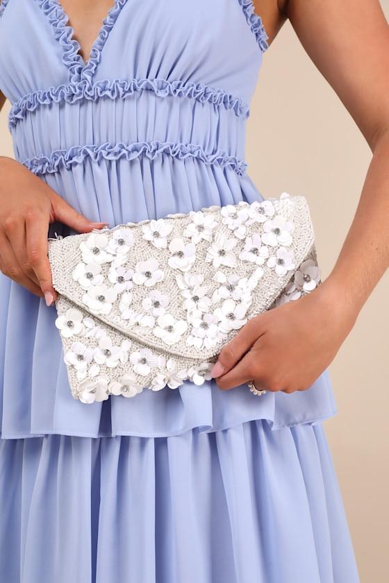 Vinka White Beaded Floral Sequin Rhinestone Clutch Product Image