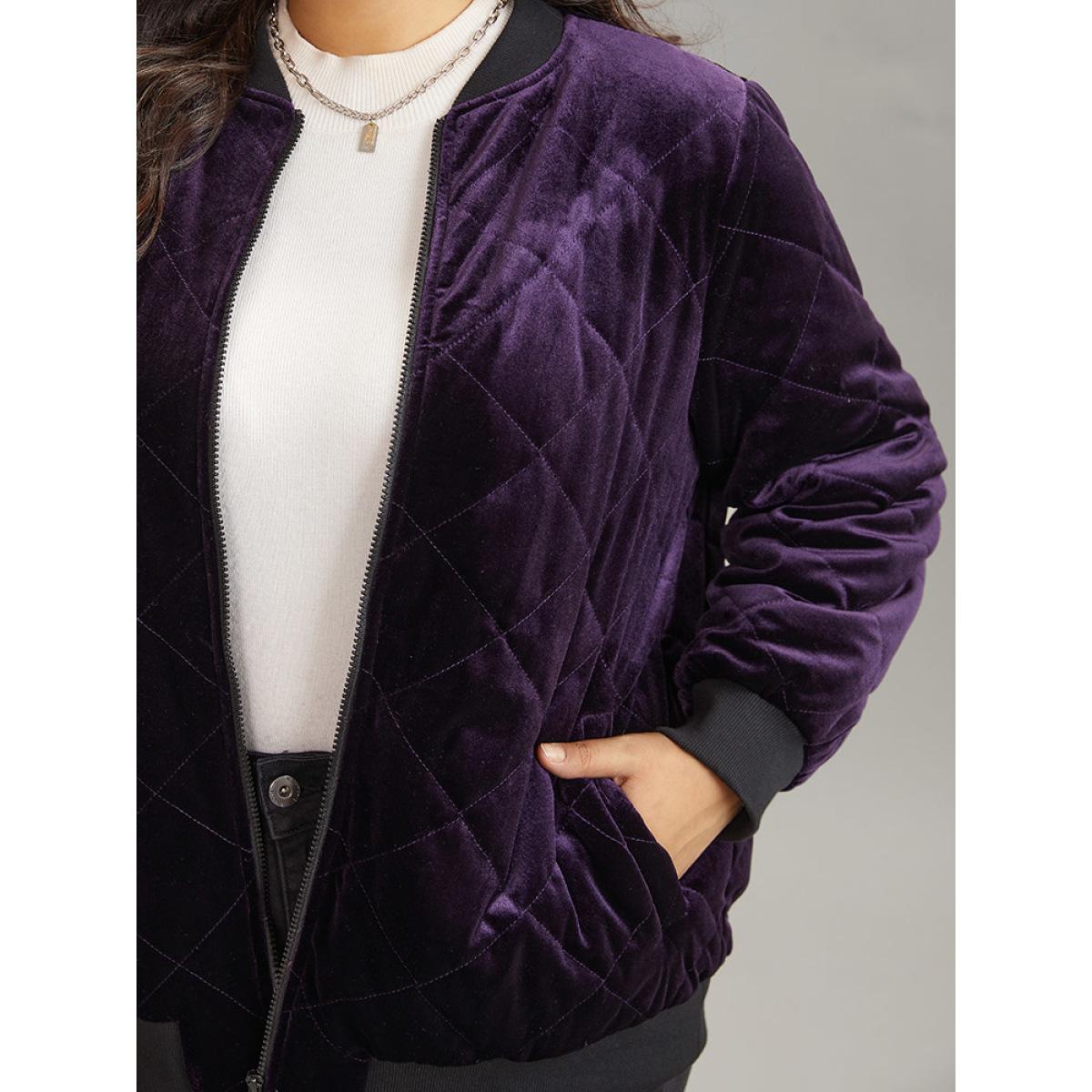 Plus Size Velvet Zipper Fly Pocket Quilted Padded Jacket Women Eggplant Velvet Pocket Dailywear Jackets BloomChic 18-20/2X Product Image