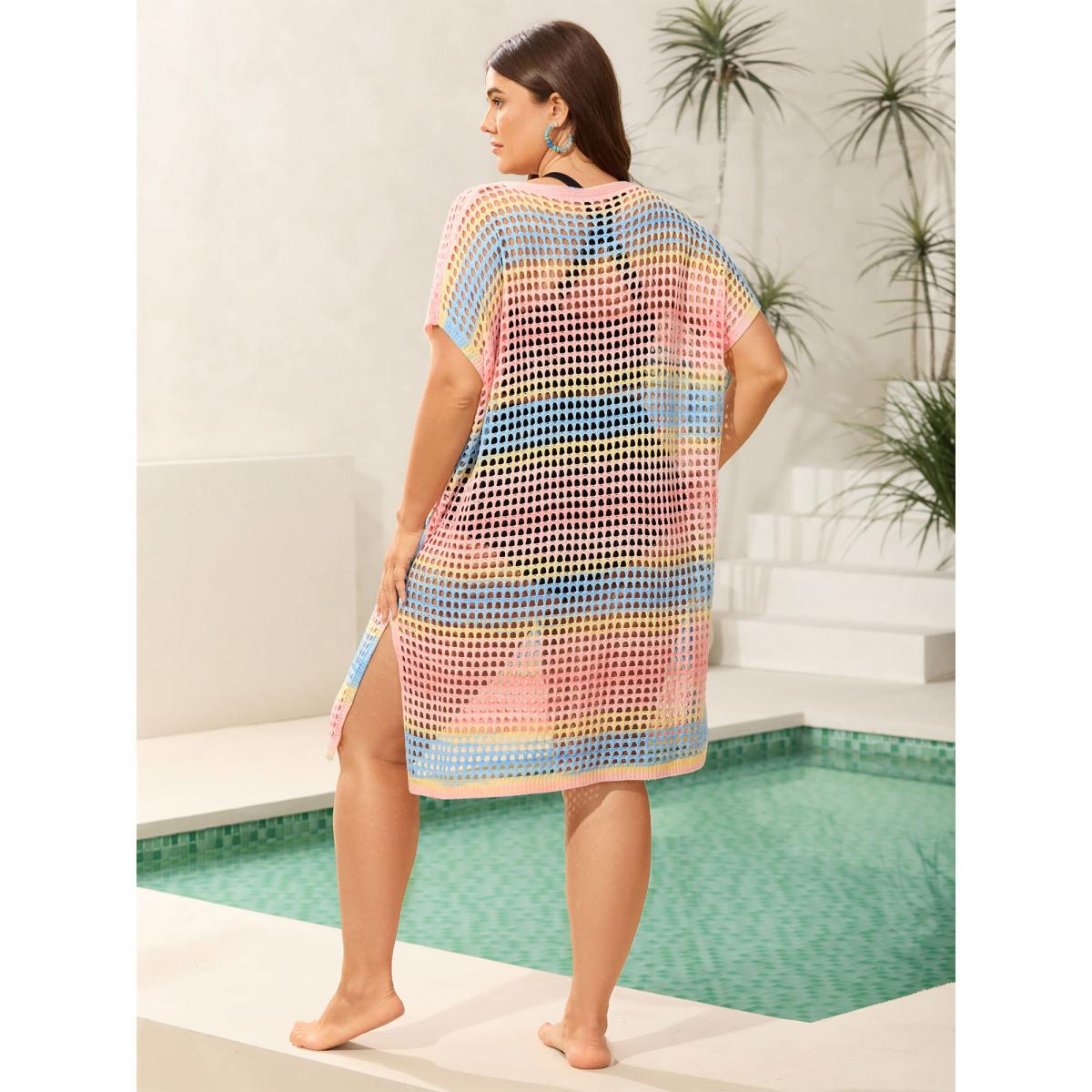 Plus Size Color Contrast Spliced Crochet Swim Cover-Up Women's Swimwear Multicolor Beach Loose Texture Curve Swim Cover Ups BloomChic 18-20/2X Product Image