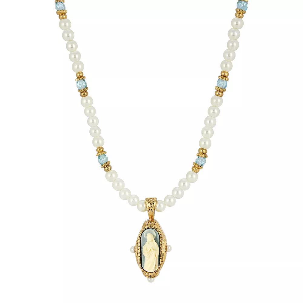 Symbols of Faith Pearl and Aqua Beaded Necklace with Blue Mary Cameo, Womens Product Image