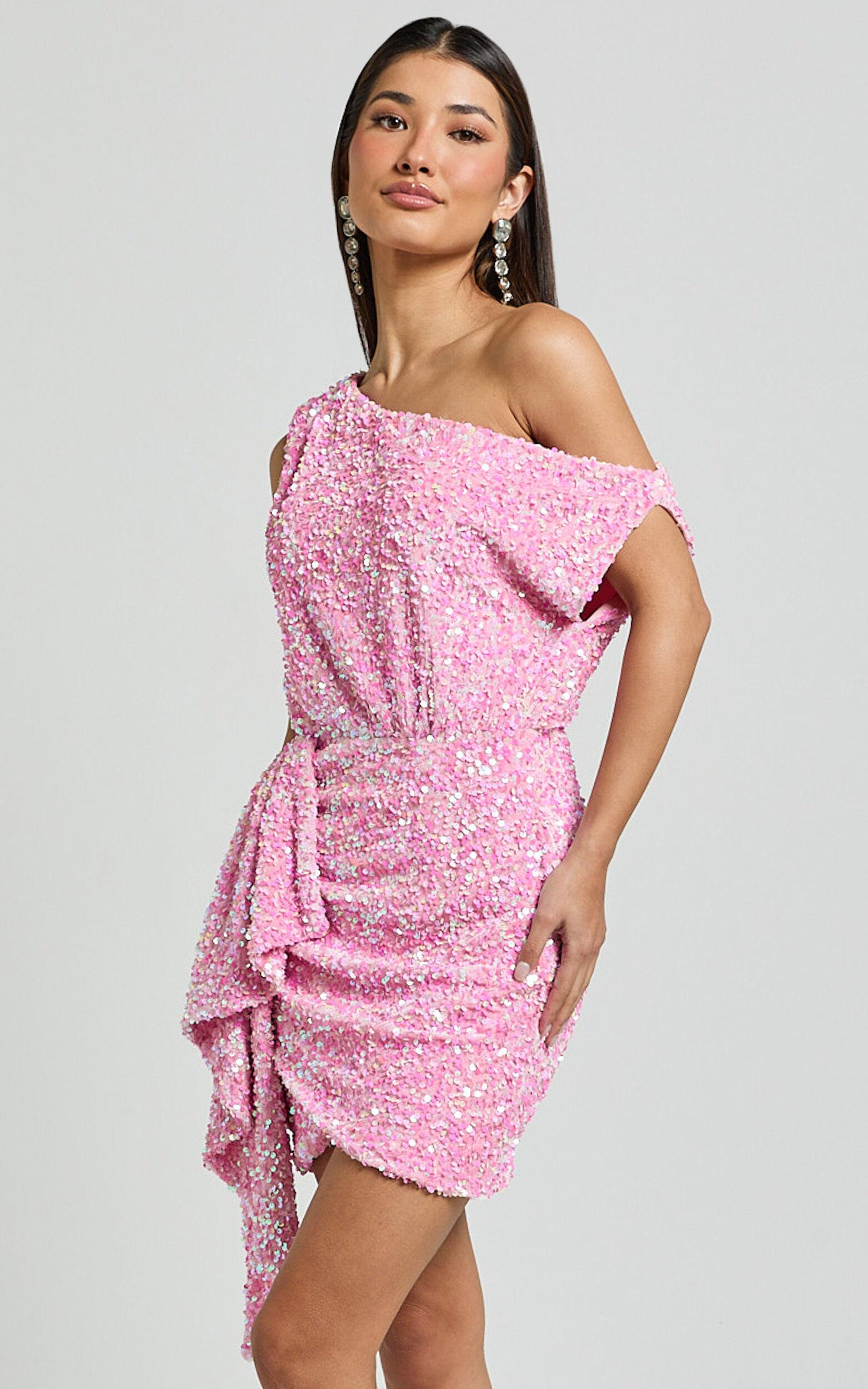 Tonya Mini Dress - Sequin Drape One Shoulder Dress in Pink Product Image