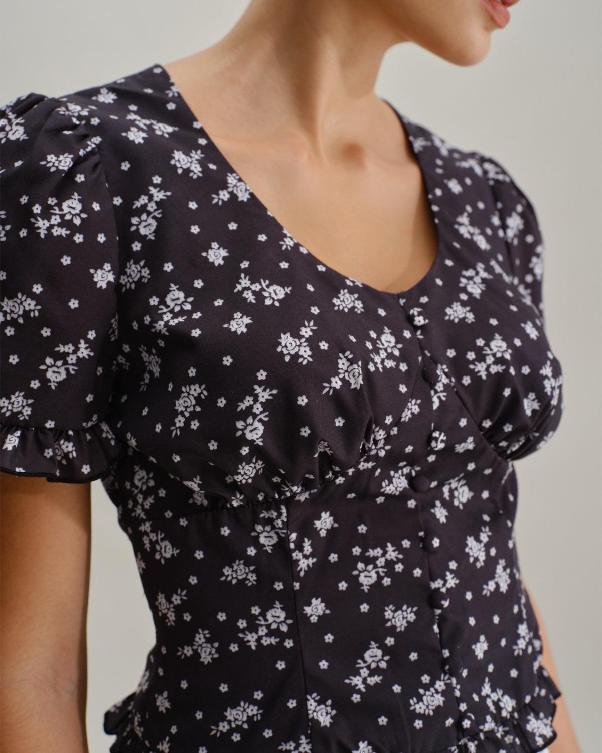 Black Floral Scoop Neck Blouse Product Image